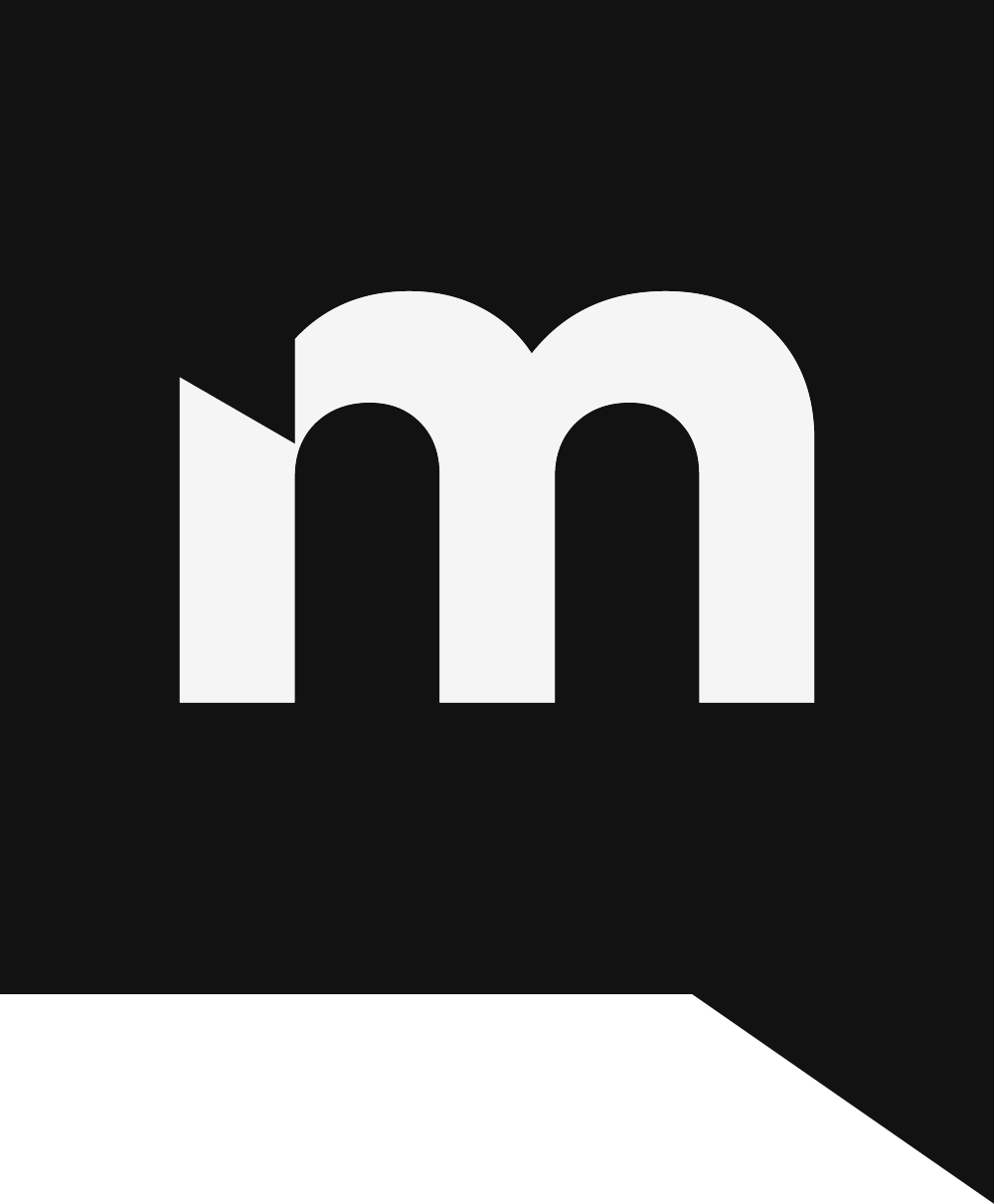 White lowercase letter 'm' inside a black speech bubble shape.